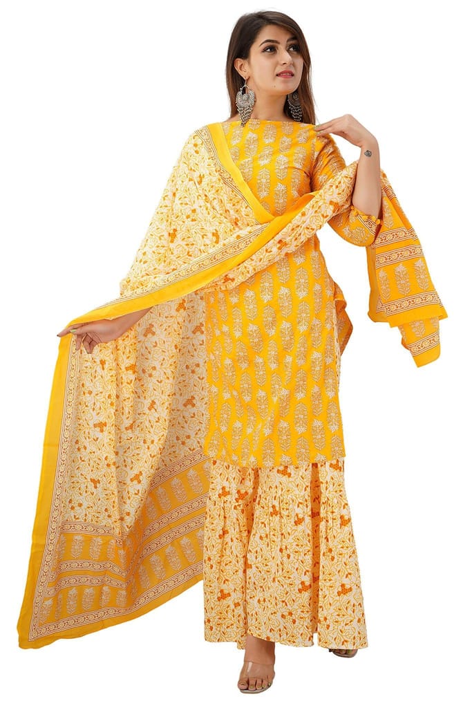 JAIPURETHNICWEAVES Women's Cotton Cambric Floral Printed Straight Kurta Sharara & Dupatta Set