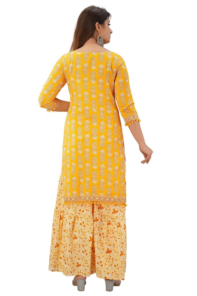 JAIPURETHNICWEAVES Women's Cotton Cambric Floral Printed Straight Kurta Sharara & Dupatta Set
