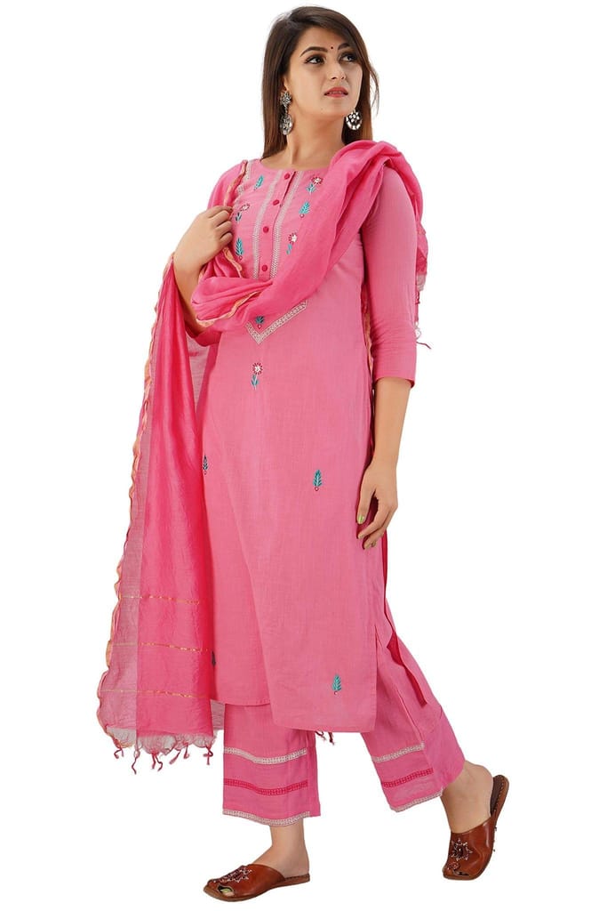 JAIPURETHNICWEAVES Women's Cotton Slub Embroidered Straight Kurta Palazzo & Dupatta Set