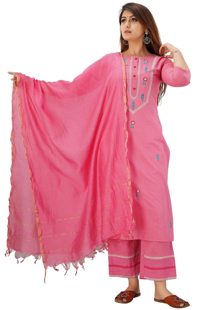 JAIPURETHNICWEAVES Women's Cotton Slub Embroidered Straight Kurta Palazzo & Dupatta Set