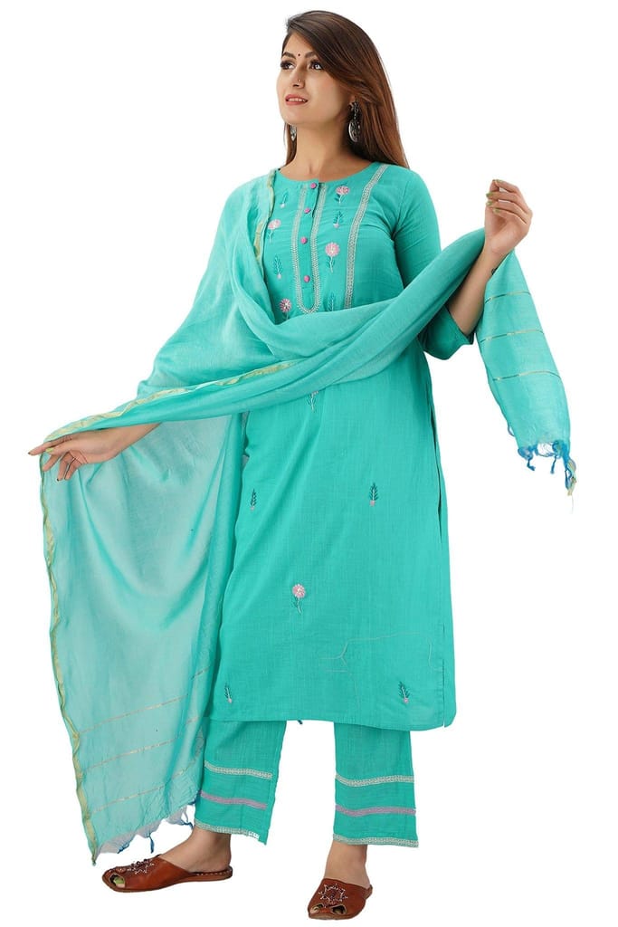 JAIPURETHNICWEAVES Women's Cotton Slub Embroidered Straight Kurta Palazzo & Dupatta Set