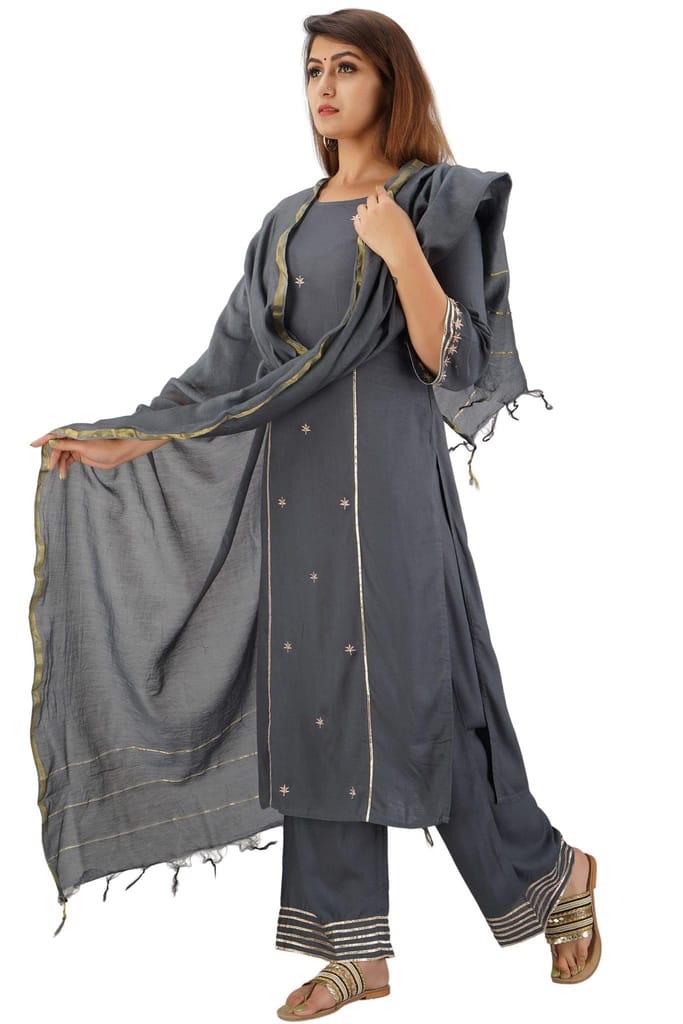 JAIPURETHNICWEAVES Women's Rayon Slub Embroidered Straight Kurta Palazzo & Dupatta Set