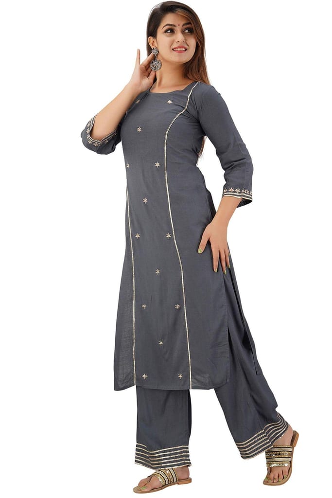 JAIPURETHNICWEAVES Women's Rayon Slub Embroidered Straight Kurta Palazzo & Dupatta Set