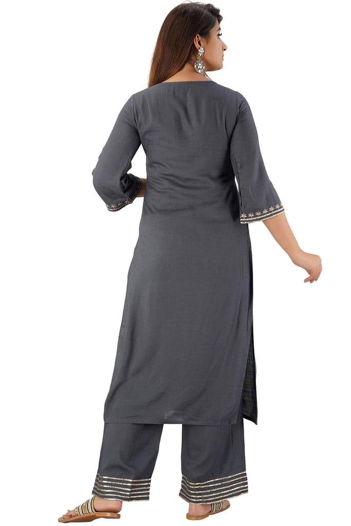 JAIPURETHNICWEAVES Women's Rayon Slub Embroidered Straight Kurta Palazzo & Dupatta Set