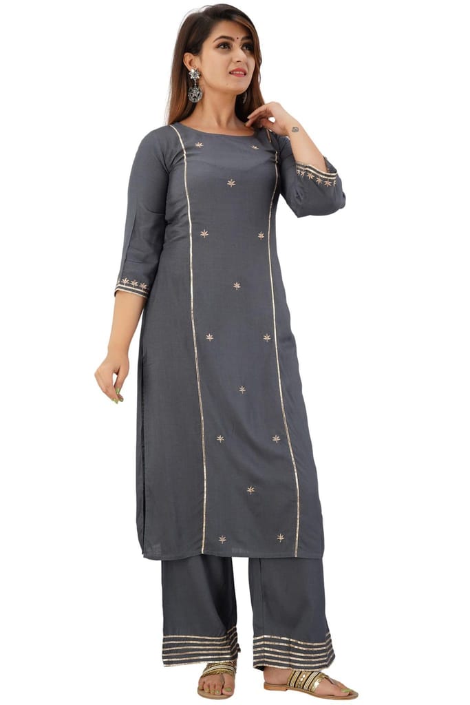 JAIPURETHNICWEAVES Women's Rayon Slub Embroidered Straight Kurta Palazzo & Dupatta Set