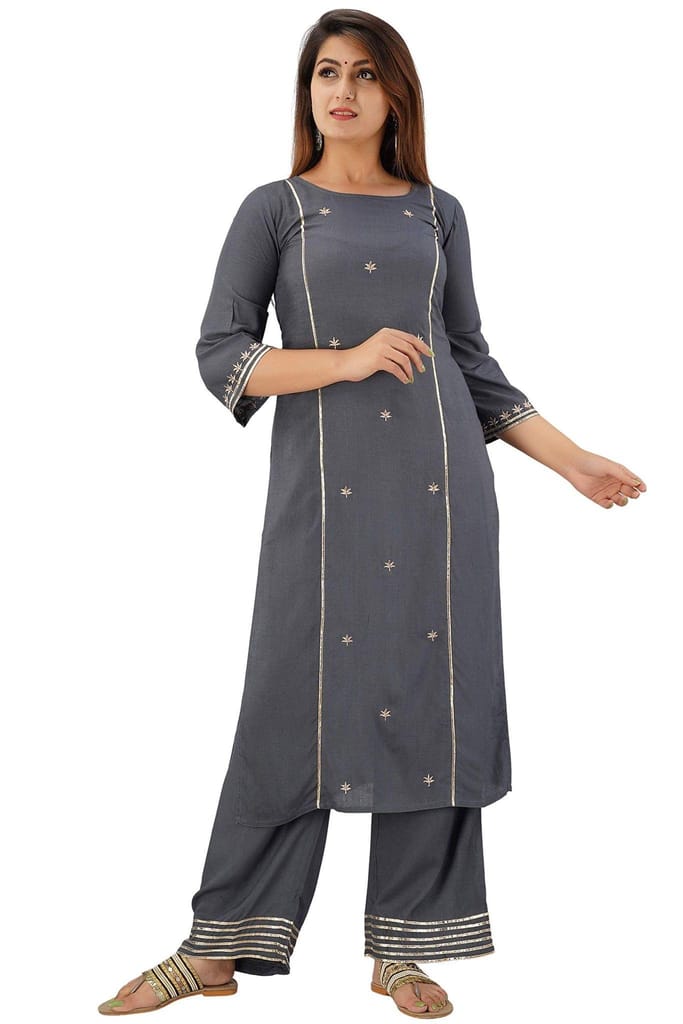JAIPURETHNICWEAVES Women's Rayon Slub Embroidered Straight Kurta Palazzo & Dupatta Set