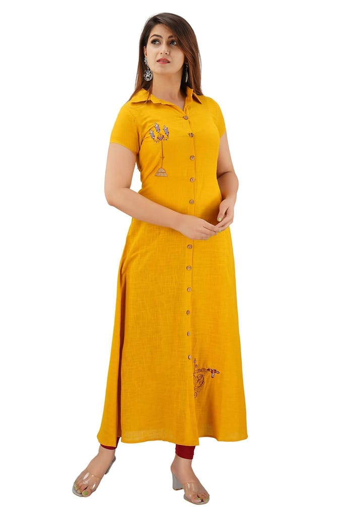 JAIPURETHNICWEAVES Women's Cotton Slub Embroidered A-Line Kurta