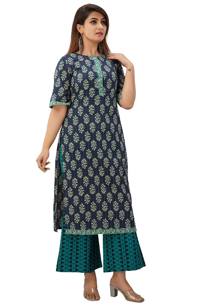 JAIPURETHNICWEAVES Women's Cotton Cambric Floral Printed Straight Kurta & Palazzo Set