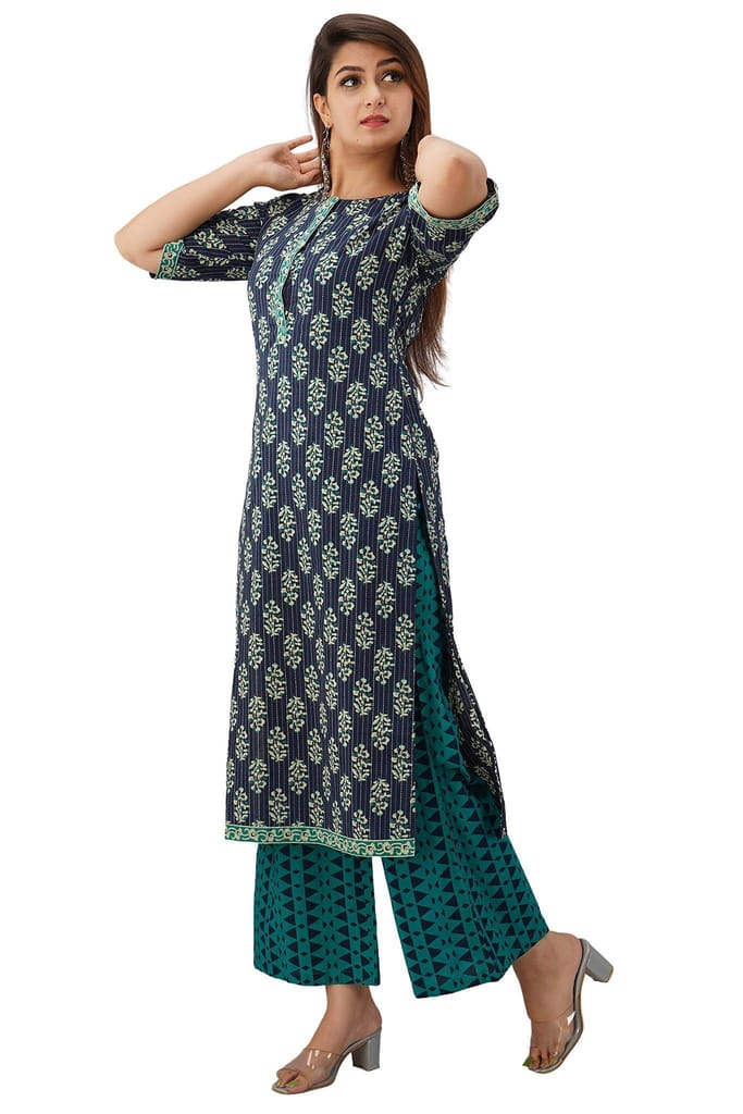 JAIPURETHNICWEAVES Women's Cotton Cambric Floral Printed Straight Kurta & Palazzo Set