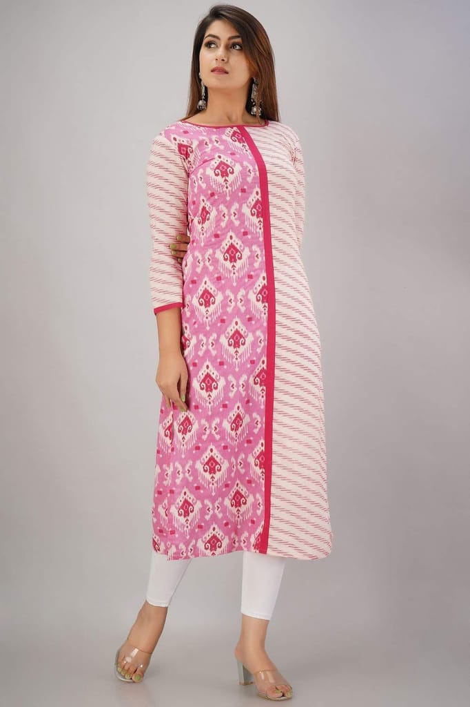 JAIPURETHNICWEAVES Women's Cotton Cambric Geometric Printed Straight Kurta (Pink)