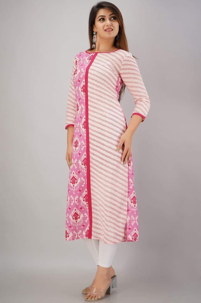 JAIPURETHNICWEAVES Women's Cotton Cambric Geometric Printed Straight Kurta (Pink)