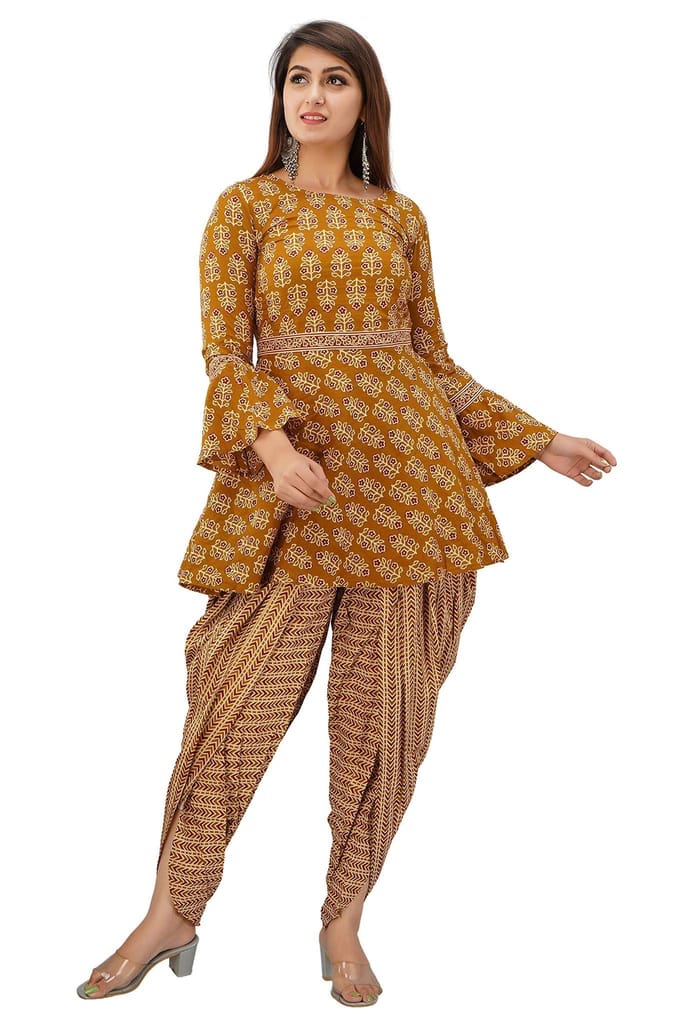 JAIPURETHNICWEAVES Women's Cotton Cambric Floral Printed A-Line Kurta Dhoti & Dupatta Set