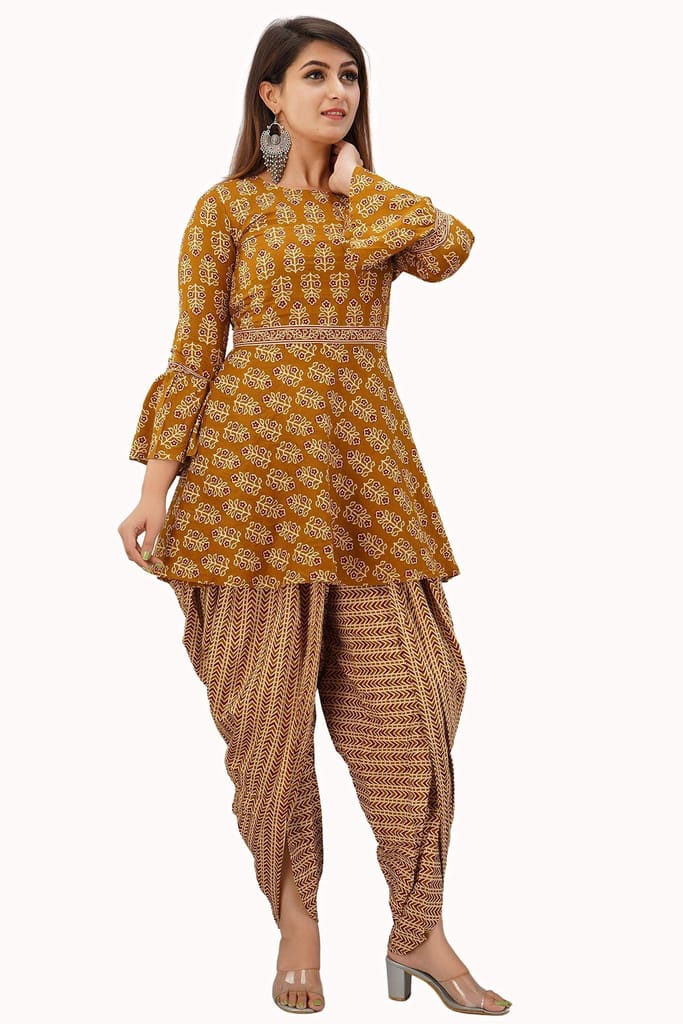 JAIPURETHNICWEAVES Women's Cotton Cambric Floral Printed A-Line Kurta Dhoti & Dupatta Set