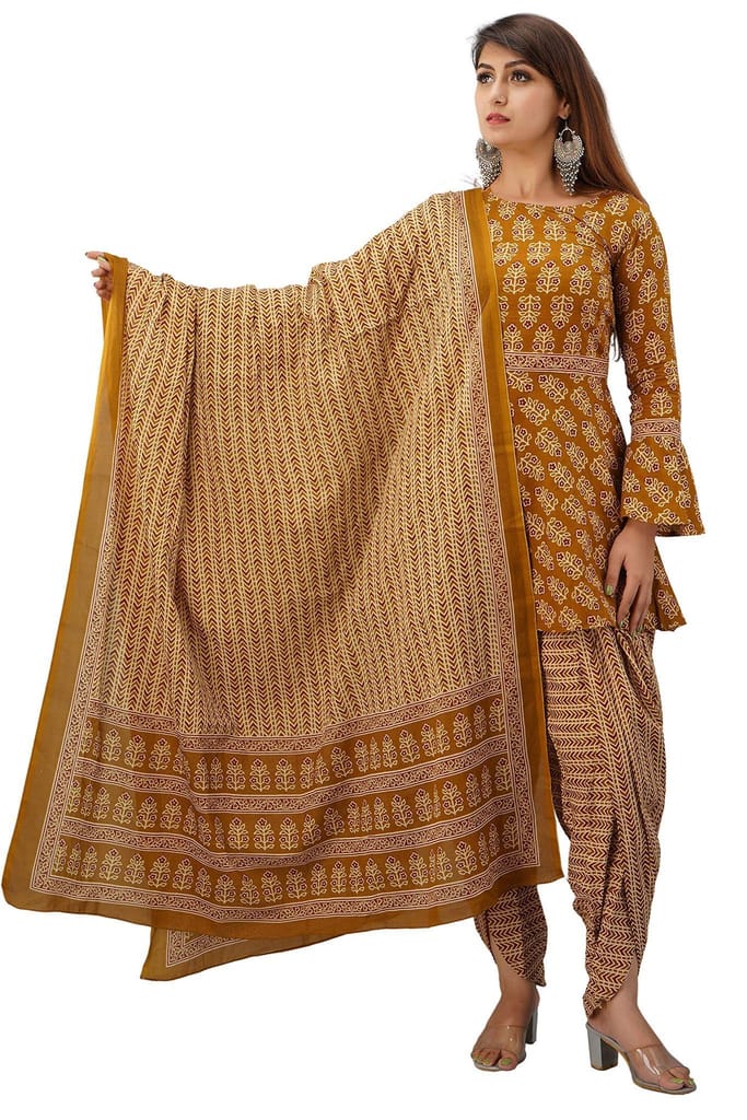 JAIPURETHNICWEAVES Women's Cotton Cambric Floral Printed A-Line Kurta Dhoti & Dupatta Set