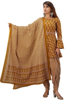 JAIPURETHNICWEAVES Women's Cotton Cambric Floral Printed A-Line Kurta Dhoti & Dupatta Set