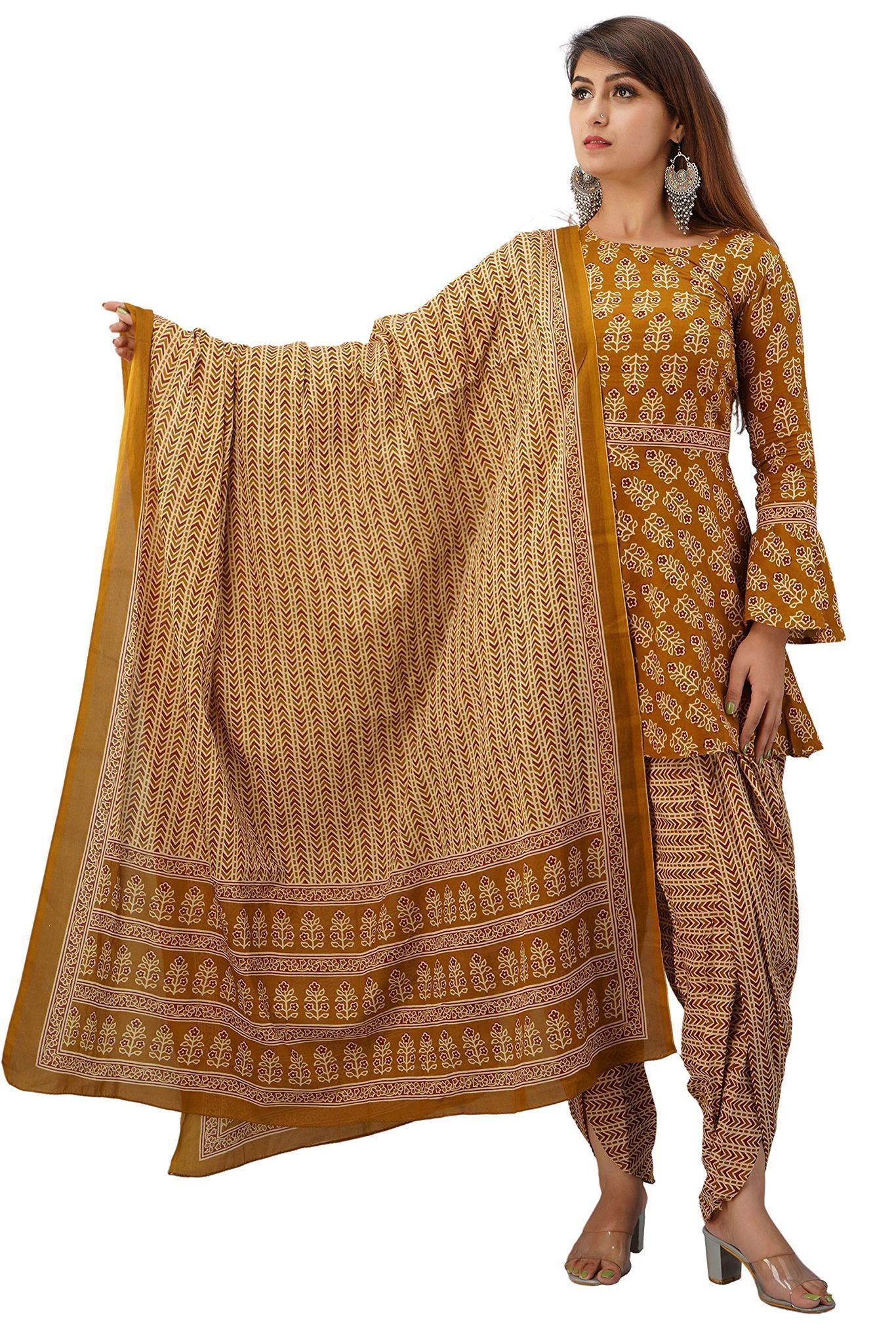 JAIPURETHNICWEAVES Women's Cotton Cambric Floral Printed A-Line Kurta Dhoti & Dupatta Set