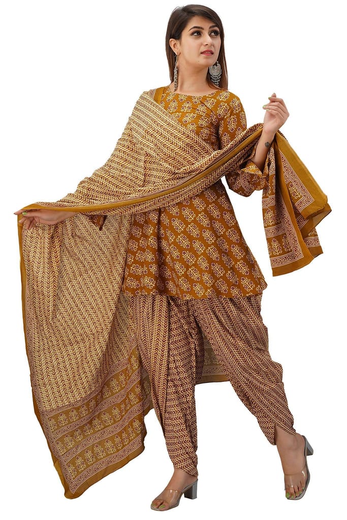 JAIPURETHNICWEAVES Women's Cotton Cambric Floral Printed A-Line Kurta Dhoti & Dupatta Set