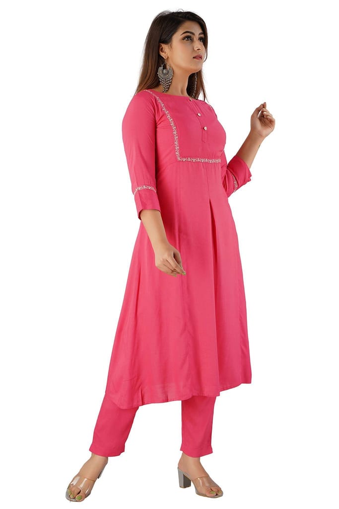 JAIPURETHNICWEAVES Women's Rayon Slub Embroidered A-Line Kurta & Pant Set
