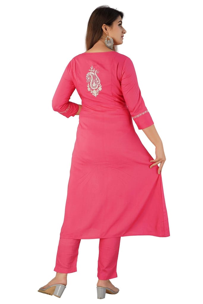 JAIPURETHNICWEAVES Women's Rayon Slub Embroidered A-Line Kurta & Pant Set
