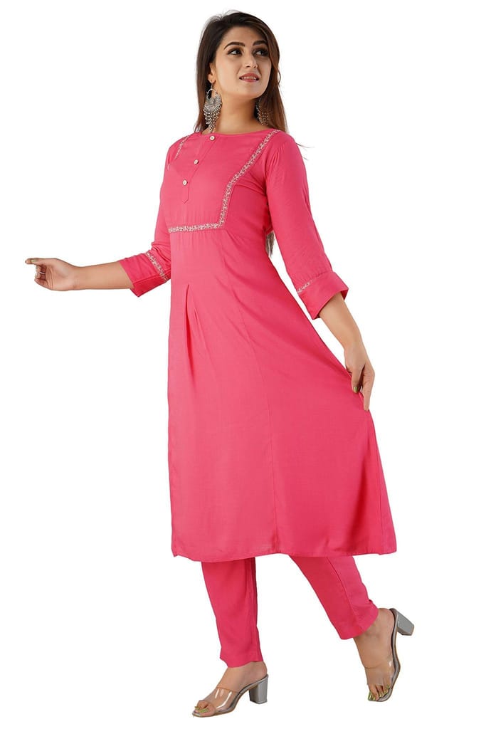 JAIPURETHNICWEAVES Women's Rayon Slub Embroidered A-Line Kurta & Pant Set