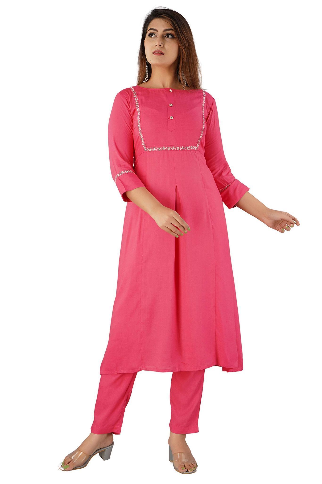 JAIPURETHNICWEAVES Women's Rayon Slub Embroidered A-Line Kurta & Pant Set