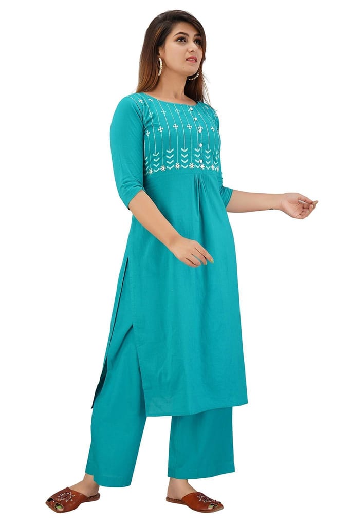 JAIPURETHNICWEAVES Women's Cotton Cambric Embroidered Straight Kurta & Palazzo Set