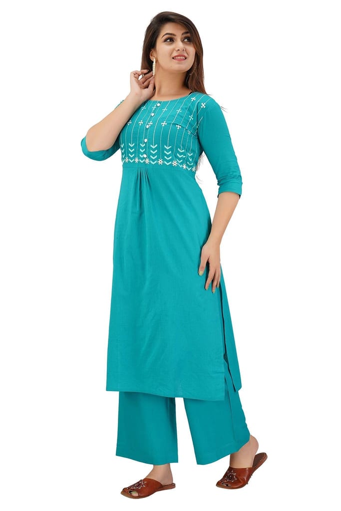 JAIPURETHNICWEAVES Women's Cotton Cambric Embroidered Straight Kurta & Palazzo Set