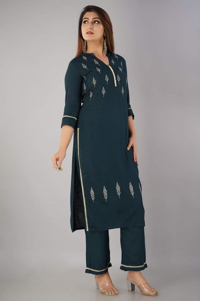 JAIPURETHNICWEAVES Women's Rayon Slub Embroidered Straight Kurta & Palazzo Set