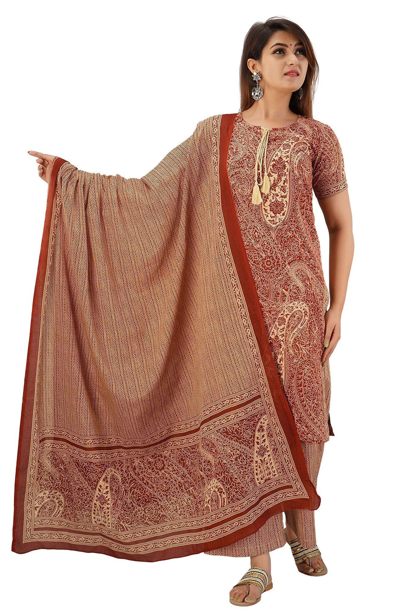 JAIPURETHNICWEAVES Women's Cotton Cambric Paisley Printed Straight Kurta Palazzo & Dupatta Set