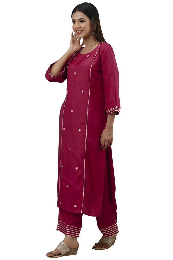 JAIPURETHNICWEAVES Women's Blend, Rayon Straight Kurta Palazzo Dupatta Set (242ANKPD4041PK_Beige And Red)