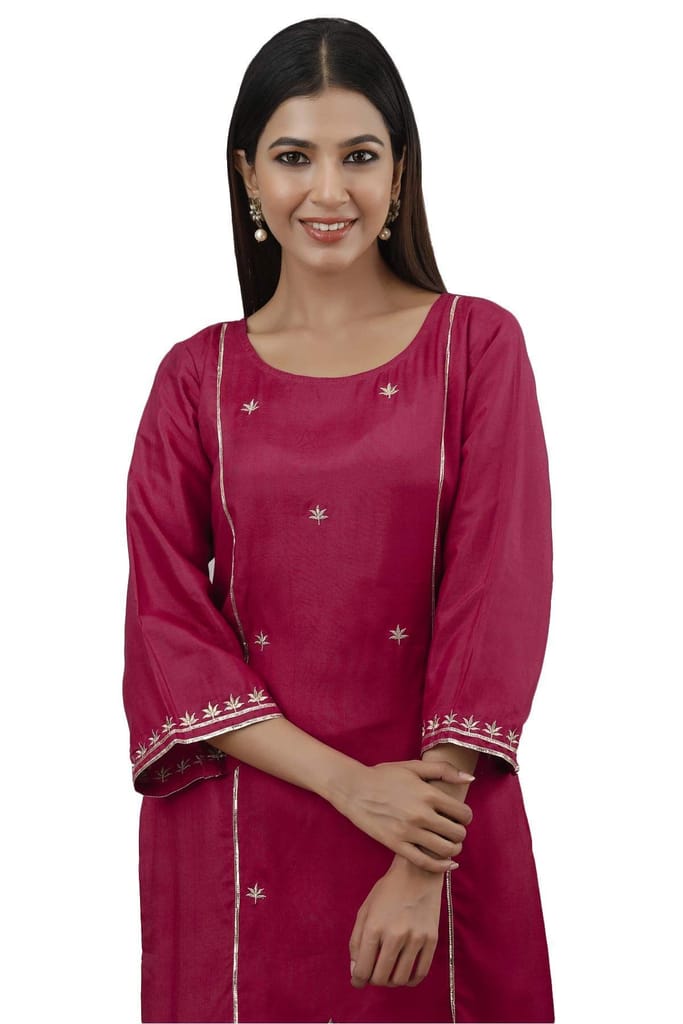 JAIPURETHNICWEAVES Women's Blend, Rayon Straight Kurta Palazzo Dupatta Set (242ANKPD4041PK_Beige And Red)