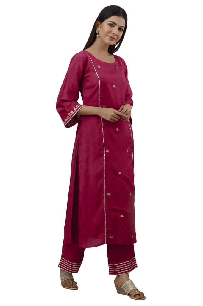 JAIPURETHNICWEAVES Women's Blend, Rayon Straight Kurta Palazzo Dupatta Set (242ANKPD4041PK_Beige And Red)