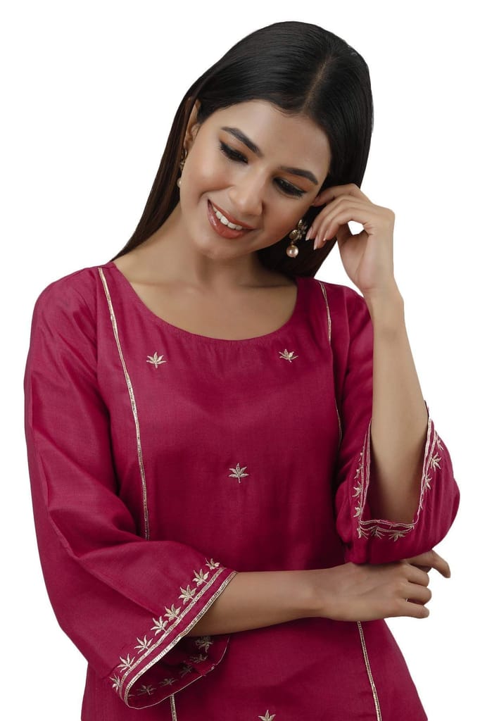 JAIPURETHNICWEAVES Women's Blend, Rayon Straight Kurta Palazzo Dupatta Set (242ANKPD4041PK_Beige And Red)