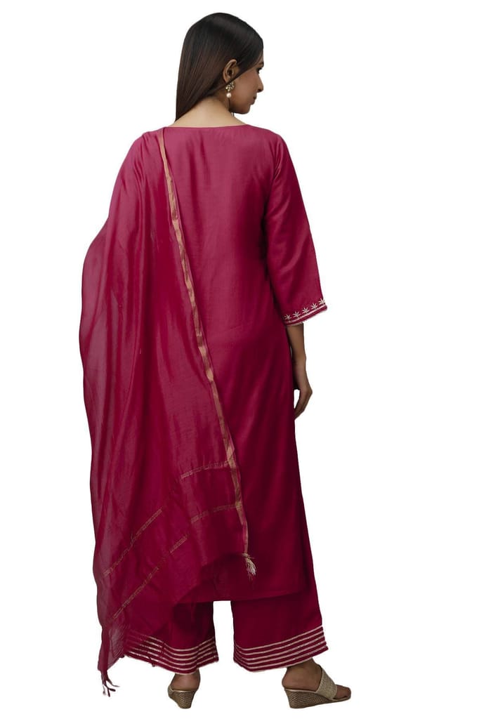 JAIPURETHNICWEAVES Women's Blend, Rayon Straight Kurta Palazzo Dupatta Set (242ANKPD4041PK_Beige And Red)