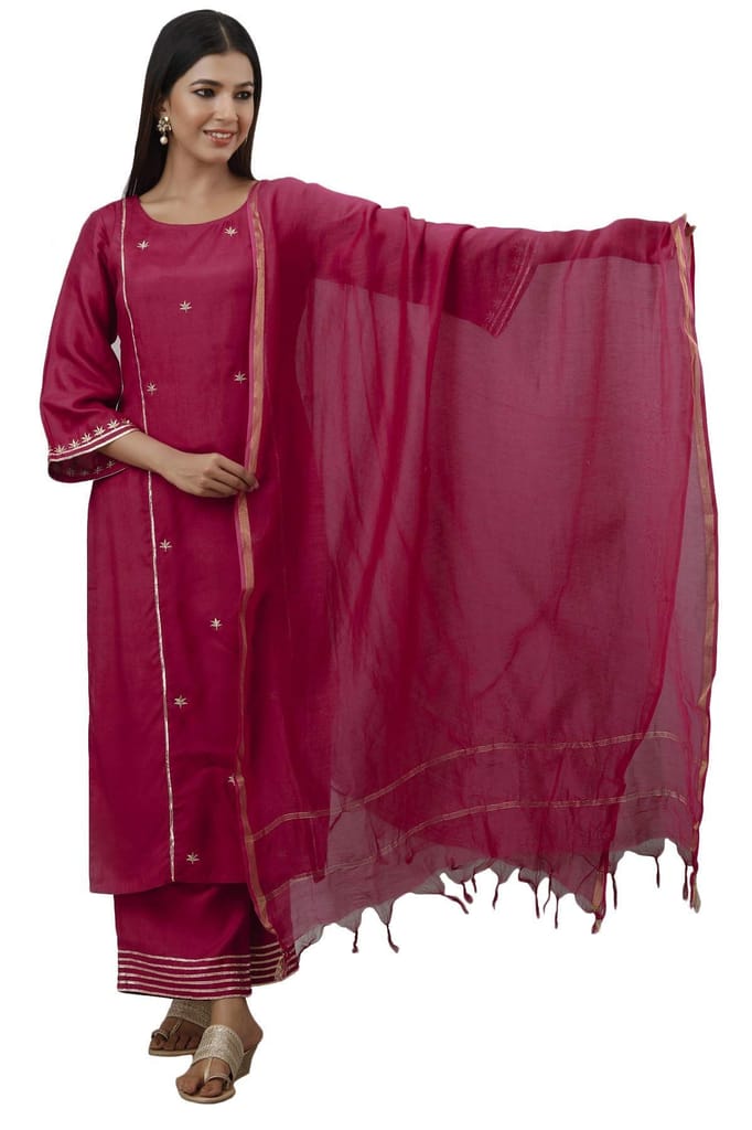 JAIPURETHNICWEAVES Women's Blend, Rayon Straight Kurta Palazzo Dupatta Set (242ANKPD4041PK_Beige And Red)