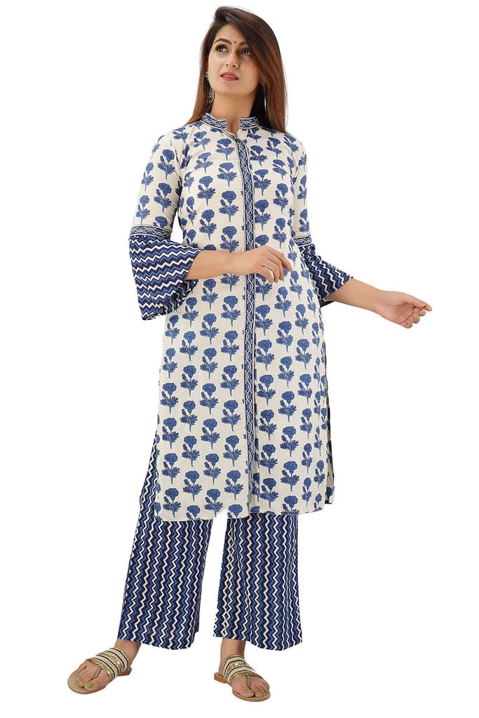 JAIPURETHNICWEAVES Women's Cotton Cambric Floral Printed Straight Kurta Palazzo & Dupatta Set