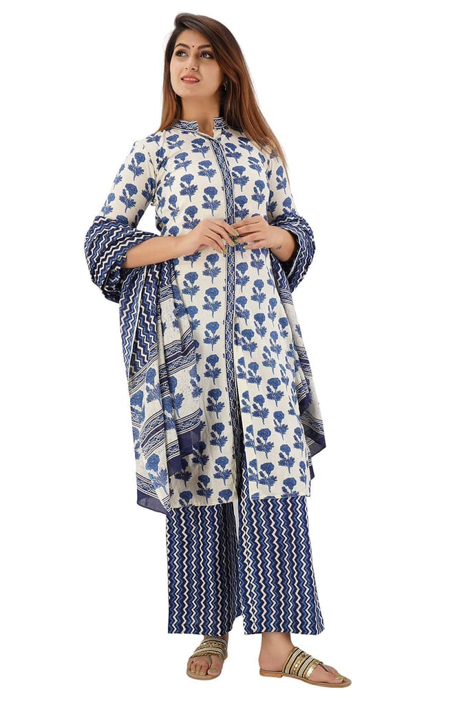 JAIPURETHNICWEAVES Women's Cotton Cambric Floral Printed Straight Kurta Palazzo & Dupatta Set
