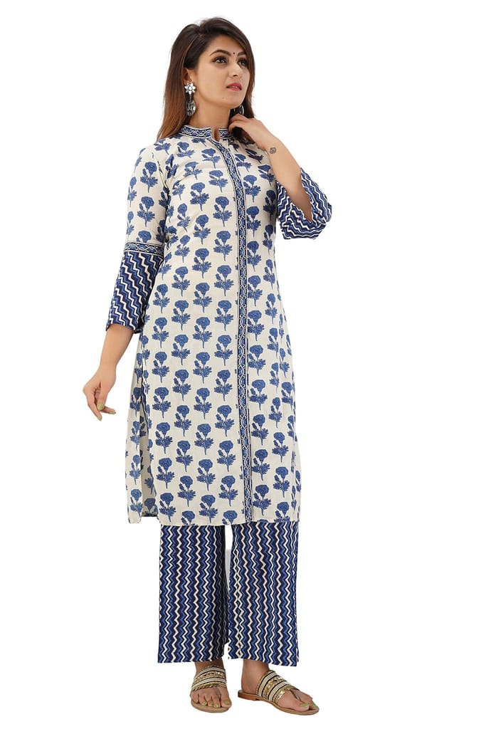 JAIPURETHNICWEAVES Women's Cotton Cambric Floral Printed Straight Kurta Palazzo & Dupatta Set