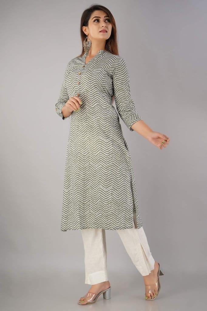 JAIPURETHNICWEAVES Women's Cotton Cambric Zig Zag Printed Straight Kurta (Khaki)