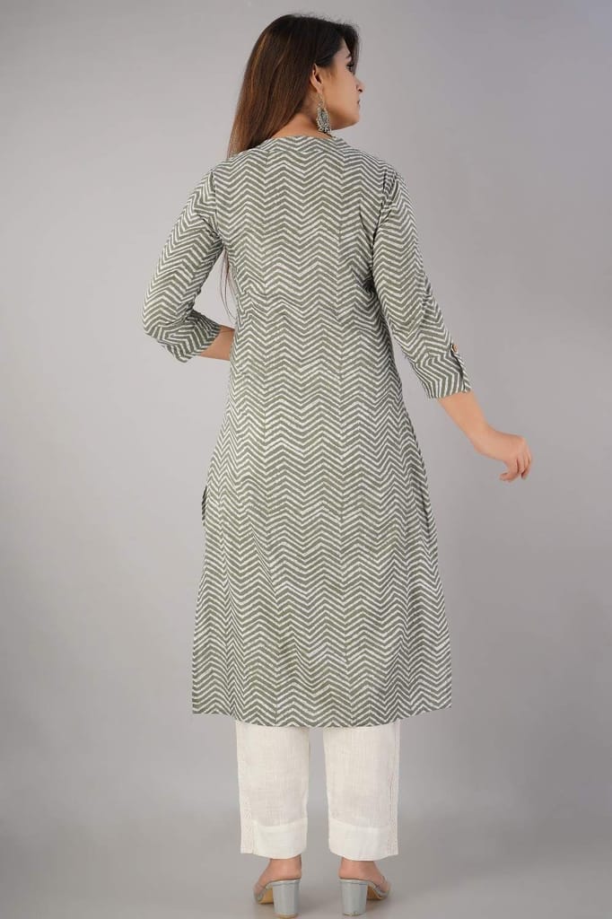 JAIPURETHNICWEAVES Women's Cotton Cambric Zig Zag Printed Straight Kurta (Khaki)