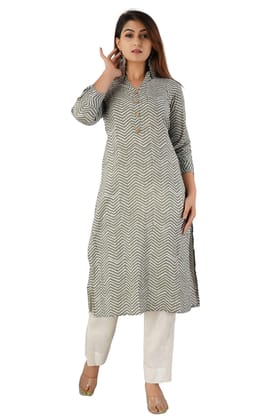 JAIPURETHNICWEAVES Women's Cotton Cambric Zig Zag Printed Straight Kurta (Khaki)