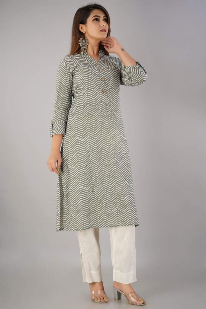 JAIPURETHNICWEAVES Women's Cotton Cambric Zig Zag Printed Straight Kurta (Khaki)