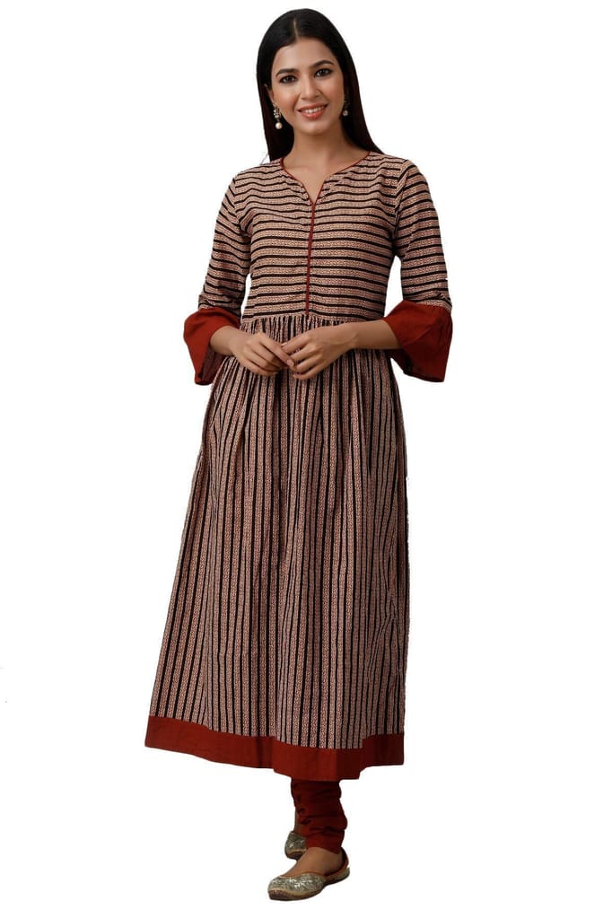 JAIPURETHNICWEAVES Women's Cotton Cambric Block Print Anarkali Kurta Churidar Dupatta Set