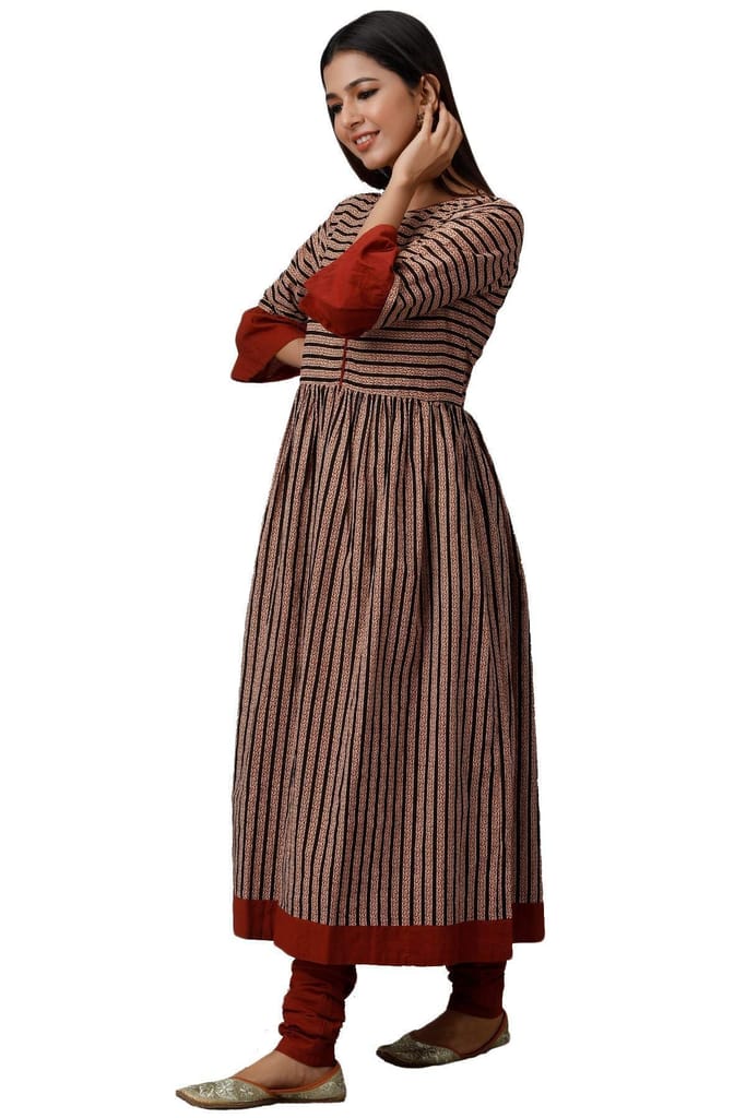 JAIPURETHNICWEAVES Women's Cotton Cambric Block Print Anarkali Kurta Churidar Dupatta Set