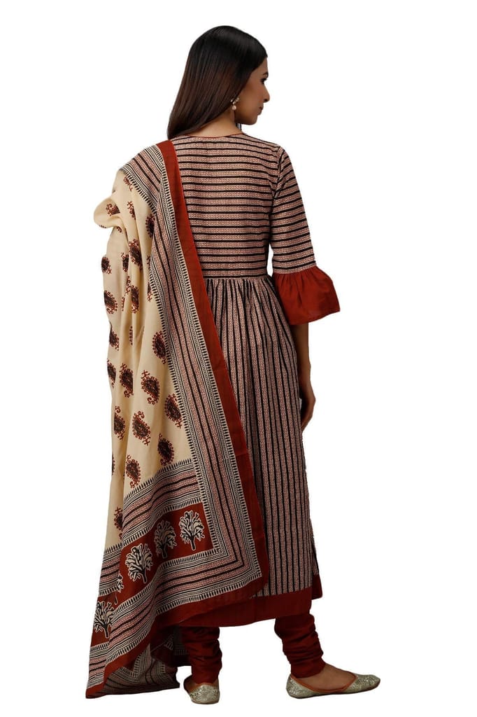 JAIPURETHNICWEAVES Women's Cotton Cambric Block Print Anarkali Kurta Churidar Dupatta Set