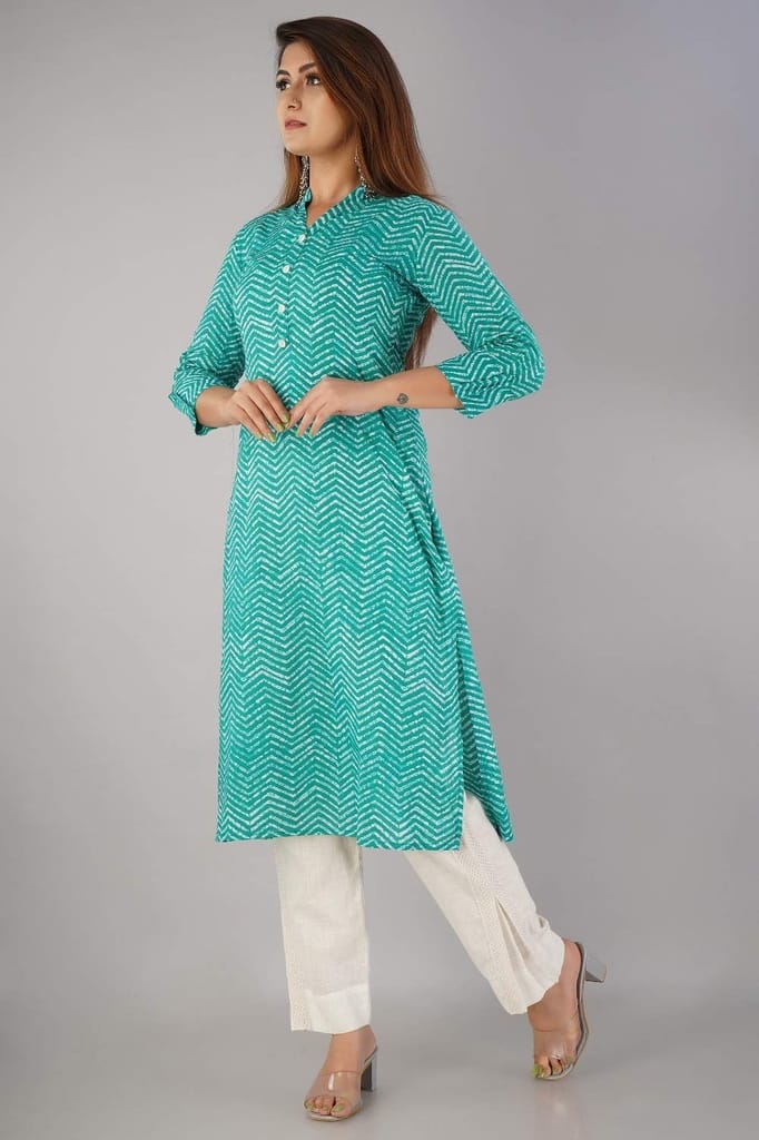 JAIPURETHNICWEAVES Women's Cotton Cambric Zig Zag Printed Straight Kurta (Green)