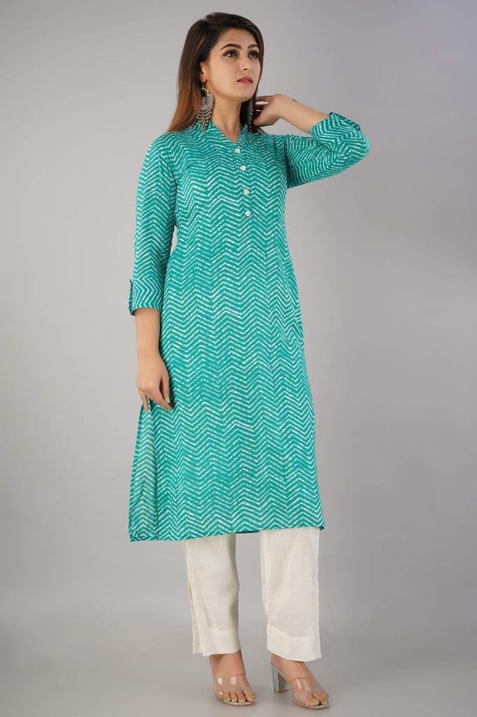 JAIPURETHNICWEAVES Women's Cotton Cambric Zig Zag Printed Straight Kurta (Green)