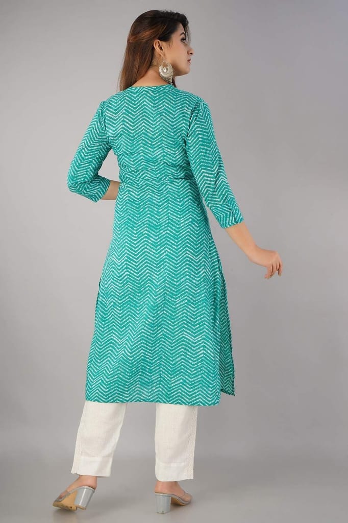 JAIPURETHNICWEAVES Women's Cotton Cambric Zig Zag Printed Straight Kurta (Green)