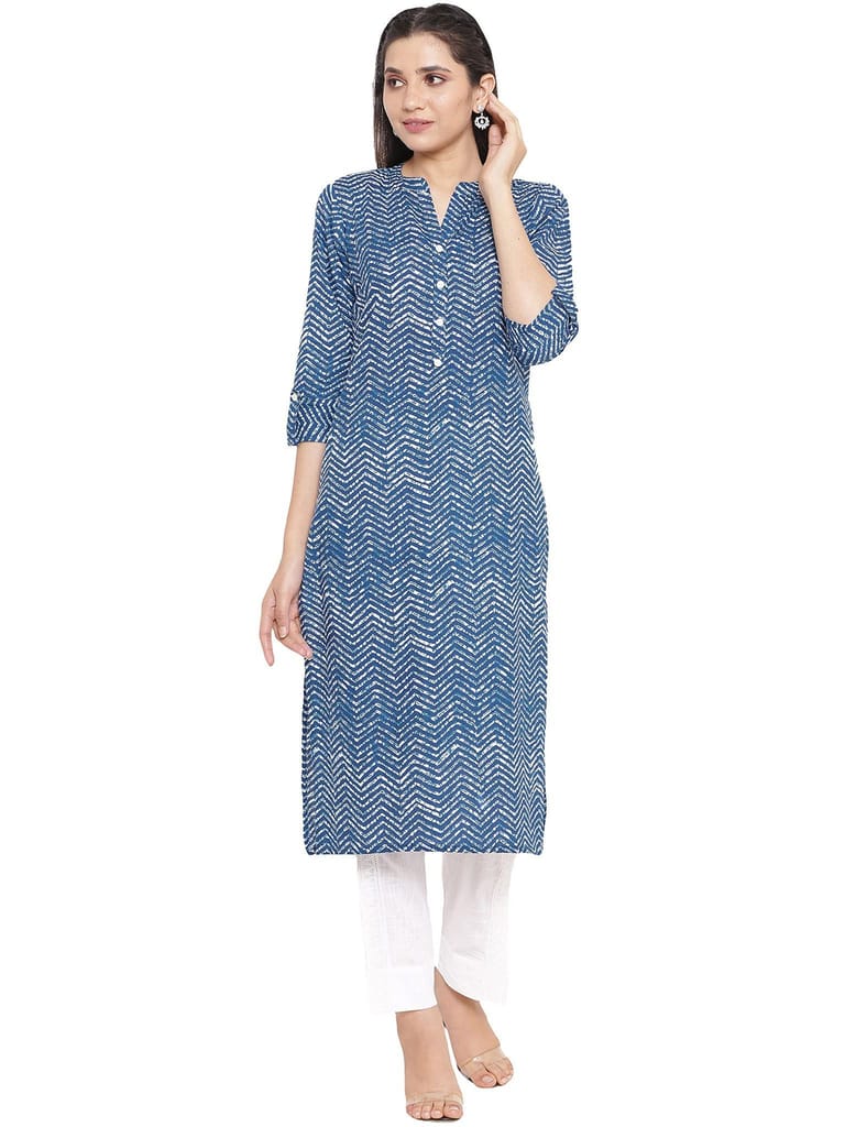 JAIPURETHNICWEAVES Women's Cotton Cambric Zig Zag Printed Straight Kurta (Blue)
