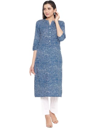 JAIPURETHNICWEAVES Women's Cotton Cambric Zig Zag Printed Straight Kurta (Blue)